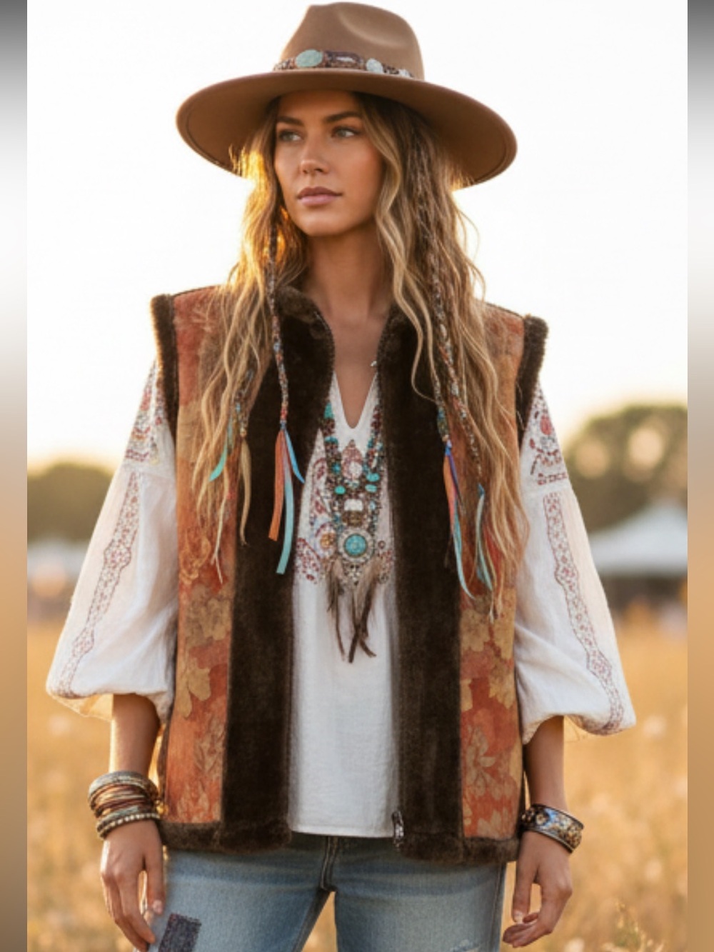 Tasha Polizzi Floral Tapestry & Faux Fur Full-Zip Vest XL